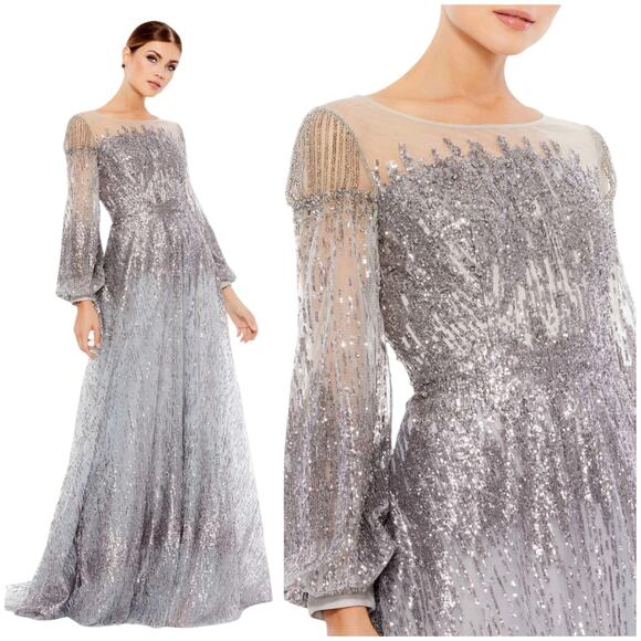 Mac Duggal Silver Jewel Encrusted Illusion Long Sleeve A Line Gown Size 18 *FLAW - Picture 1 of 12